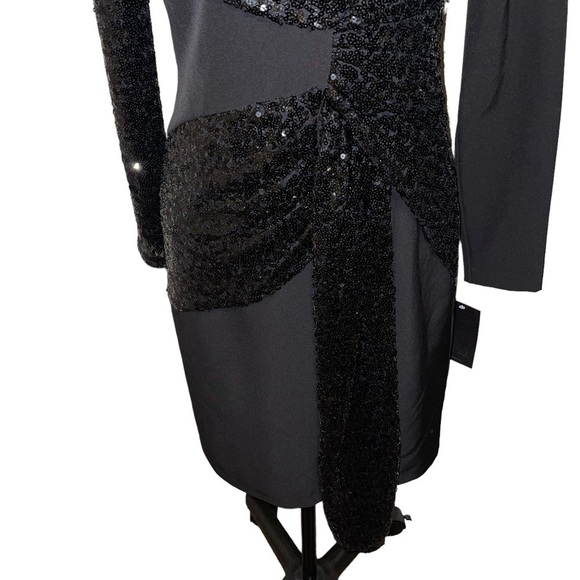 NWT Aidan by Aidan Mattox Sequin Drape Long-sleeve Crepe Sheath Dress Size 2 - Picture 6 of 10